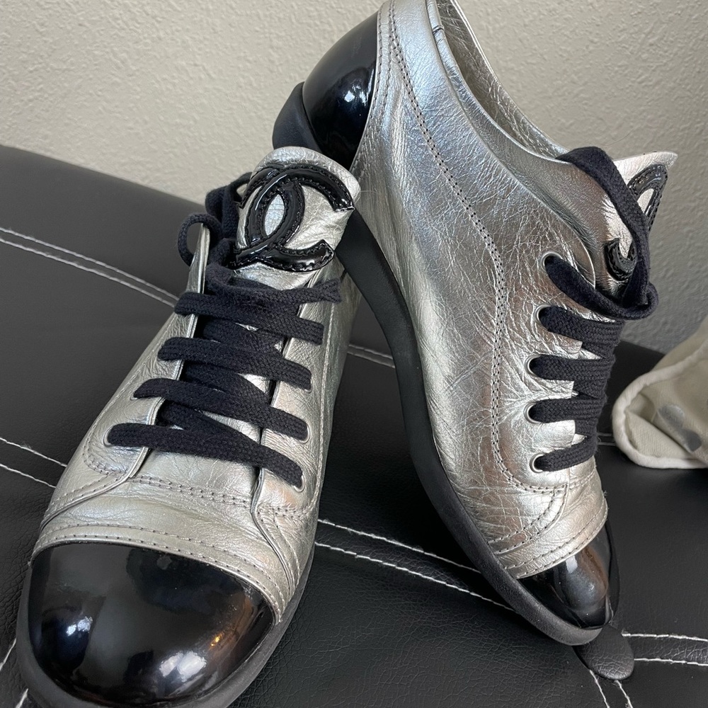 CHANEL Silver Leather Sneakers Sz 6.5 EXCELLENT CONDITION!!
